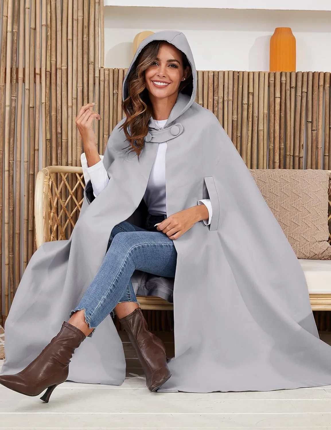 Gihuo Cape Poncho Women's Hooded Maxi Cloak Coat Winter Warm Long Cloak Cosplay Costumes Outerwear