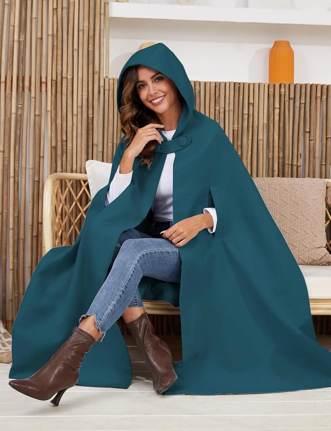 Gihuo Cape Poncho Women's Hooded Maxi Cloak Coat Winter Warm Long Cloak Cosplay Costumes Outerwear