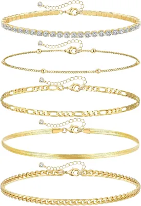 Gold Ankle Bracelets for Women,14k Gold Plated Anklets Waterproof Cuban Link Tennis Herringbone Beaded Chain Anklets Set Layered Anklet Bracelets for Women Adjustable Summer Beach Jewelry 5pcs