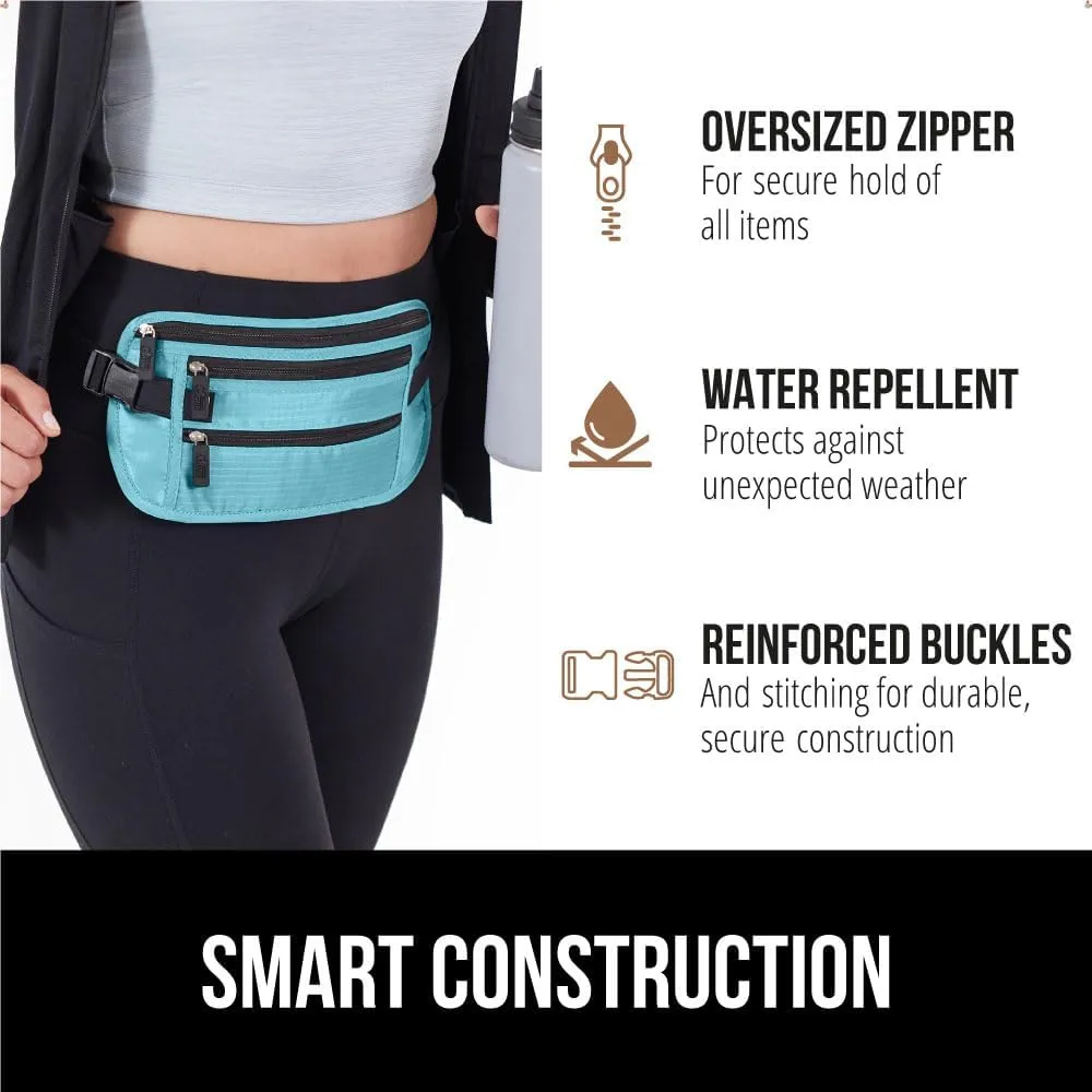 GORILLA GRIP 4 Pocket Secure RFID Blocking Money Belt, Anti Theft Hidden Fanny Pack for Passport and Credit Cards Water Repellent Travel Pouch for Men Women with Adjustable Waist and Zippers Turquoise
