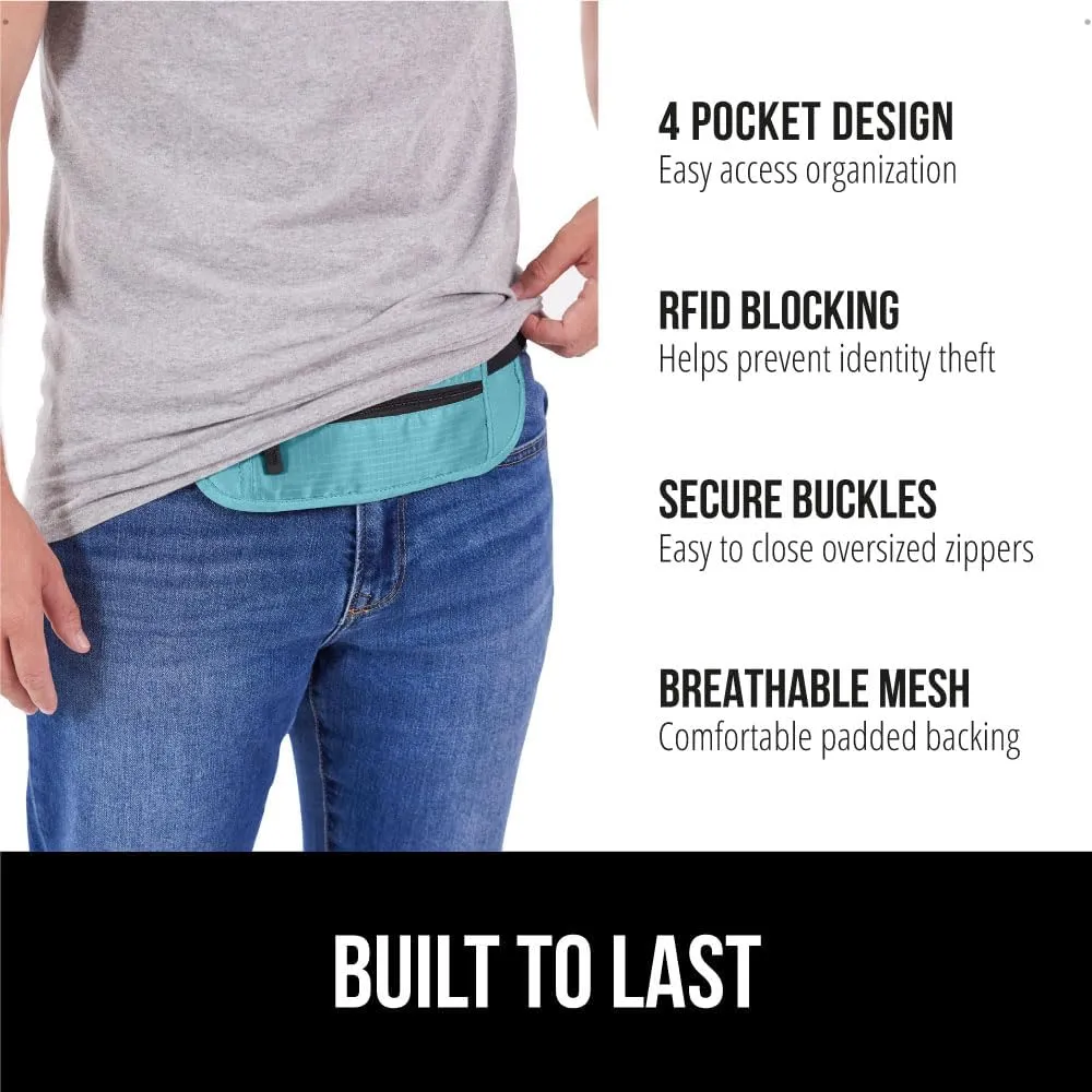 GORILLA GRIP 4 Pocket Secure RFID Blocking Money Belt, Anti Theft Hidden Fanny Pack for Passport and Credit Cards Water Repellent Travel Pouch for Men Women with Adjustable Waist and Zippers Turquoise