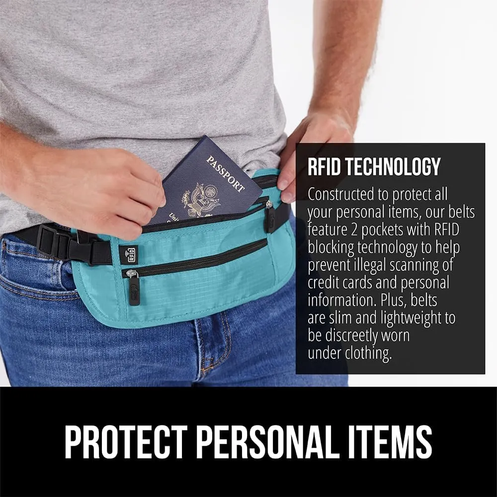 GORILLA GRIP 4 Pocket Secure RFID Blocking Money Belt, Anti Theft Hidden Fanny Pack for Passport and Credit Cards Water Repellent Travel Pouch for Men Women with Adjustable Waist and Zippers Turquoise