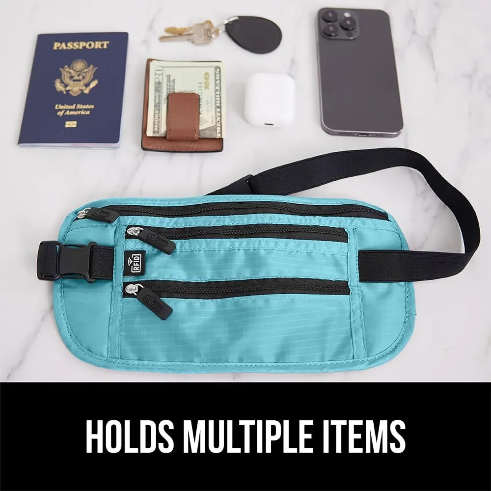 GORILLA GRIP 4 Pocket Secure RFID Blocking Money Belt, Anti Theft Hidden Fanny Pack for Passport and Credit Cards Water Repellent Travel Pouch for Men Women with Adjustable Waist and Zippers Turquoise