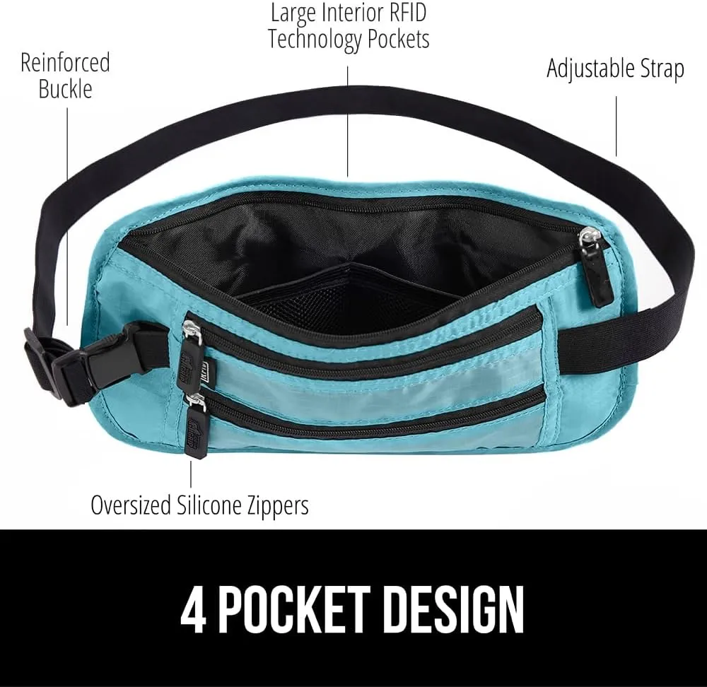 GORILLA GRIP 4 Pocket Secure RFID Blocking Money Belt, Anti Theft Hidden Fanny Pack for Passport and Credit Cards Water Repellent Travel Pouch for Men Women with Adjustable Waist and Zippers Turquoise