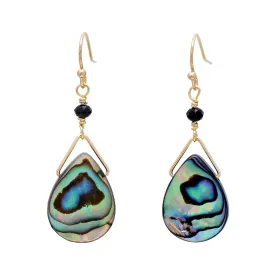 Hand Wrapped Tear Drop Abalone Shell Dangling Earrings for Women, Yellow Gold Plated