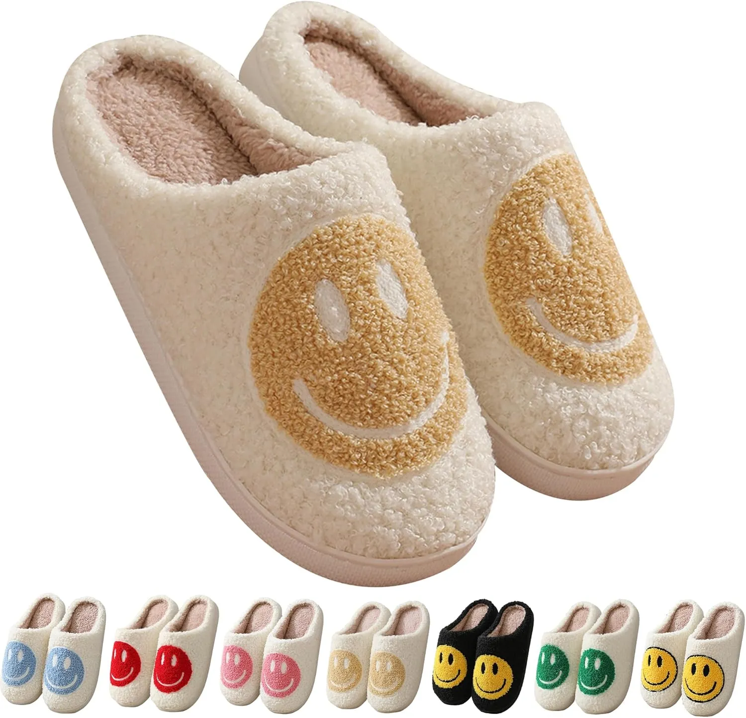 Happy Face Slippers Retro Cozy Comfy Plush Warm Slip-on Slippers Winter Soft Fuzzy Indoor House Shoes with Memory Foam for Men Women