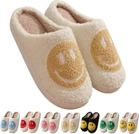 Happy Face Slippers Retro Cozy Comfy Plush Warm Slip-on Slippers Winter Soft Fuzzy Indoor House Shoes with Memory Foam for Men Women