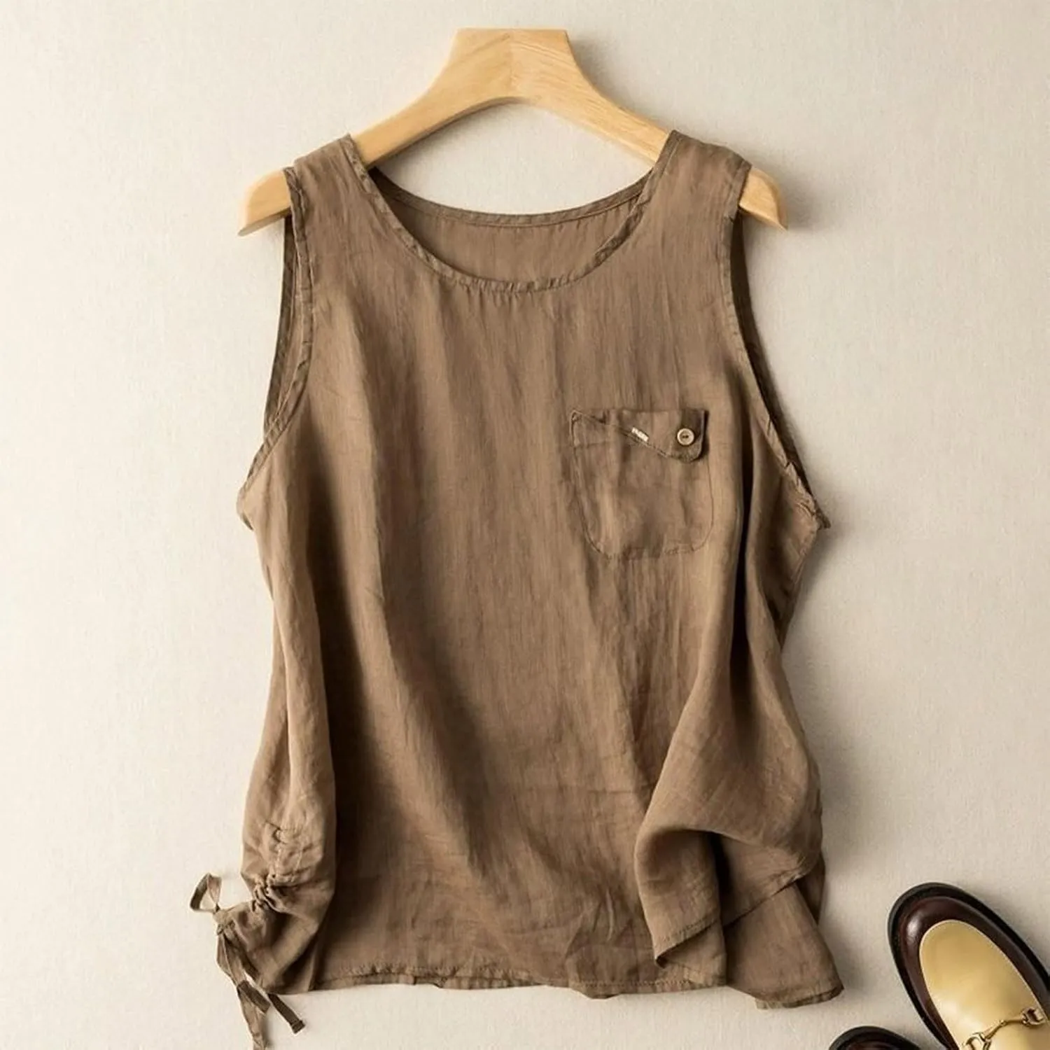 HGps8w Cotton Linen Tank Tops for Women Casual Summer Loose Crew Neck Minimalist Sleeveless Tunic Shirts with Chest Pocket