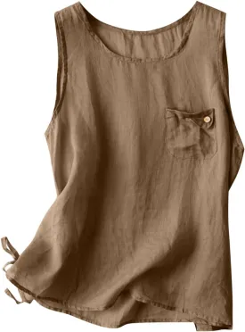 HGps8w Cotton Linen Tank Tops for Women Casual Summer Loose Crew Neck Minimalist Sleeveless Tunic Shirts with Chest Pocket