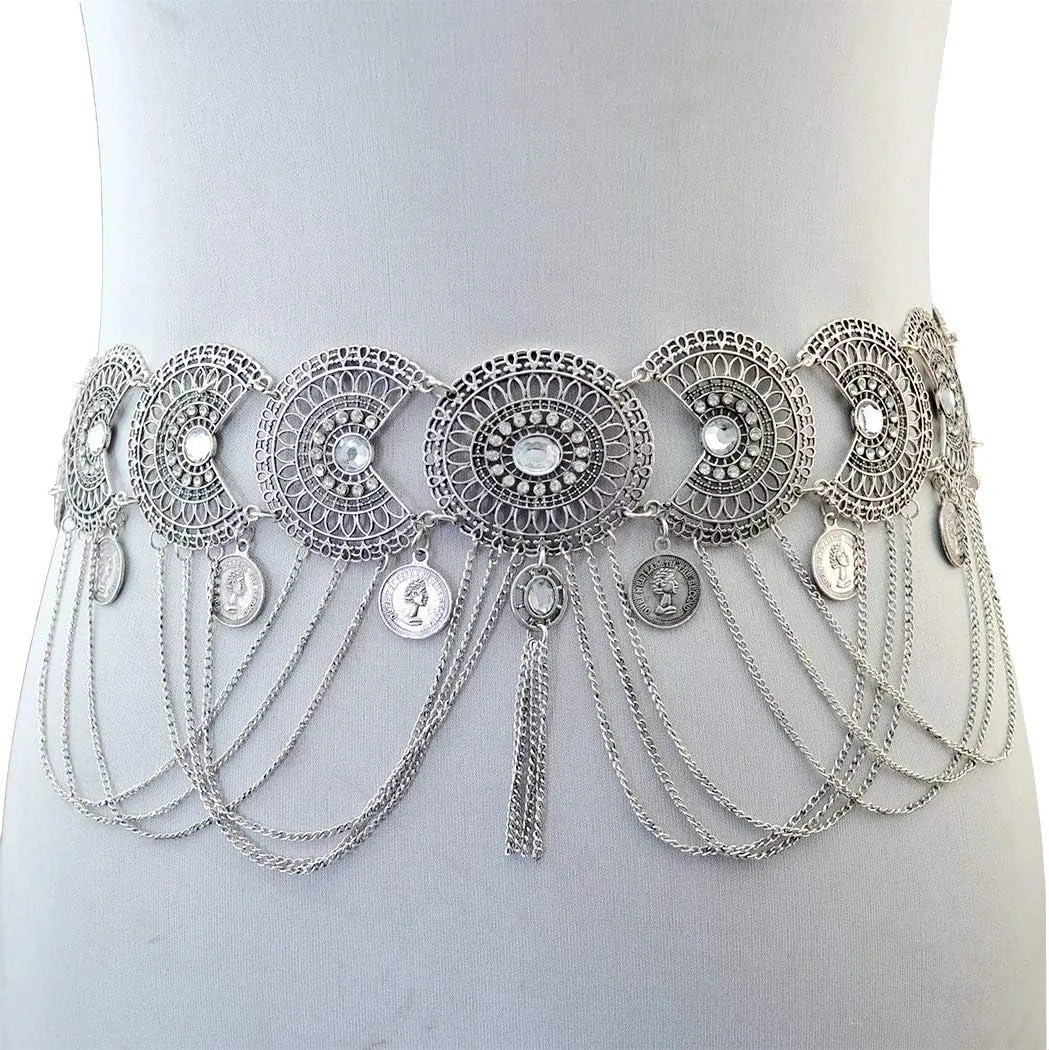 idealway Vintage Waist Chain Hollow Carving Rhinestone Crystal Body Chain Summer Beach Body Waist Chain Jewelry