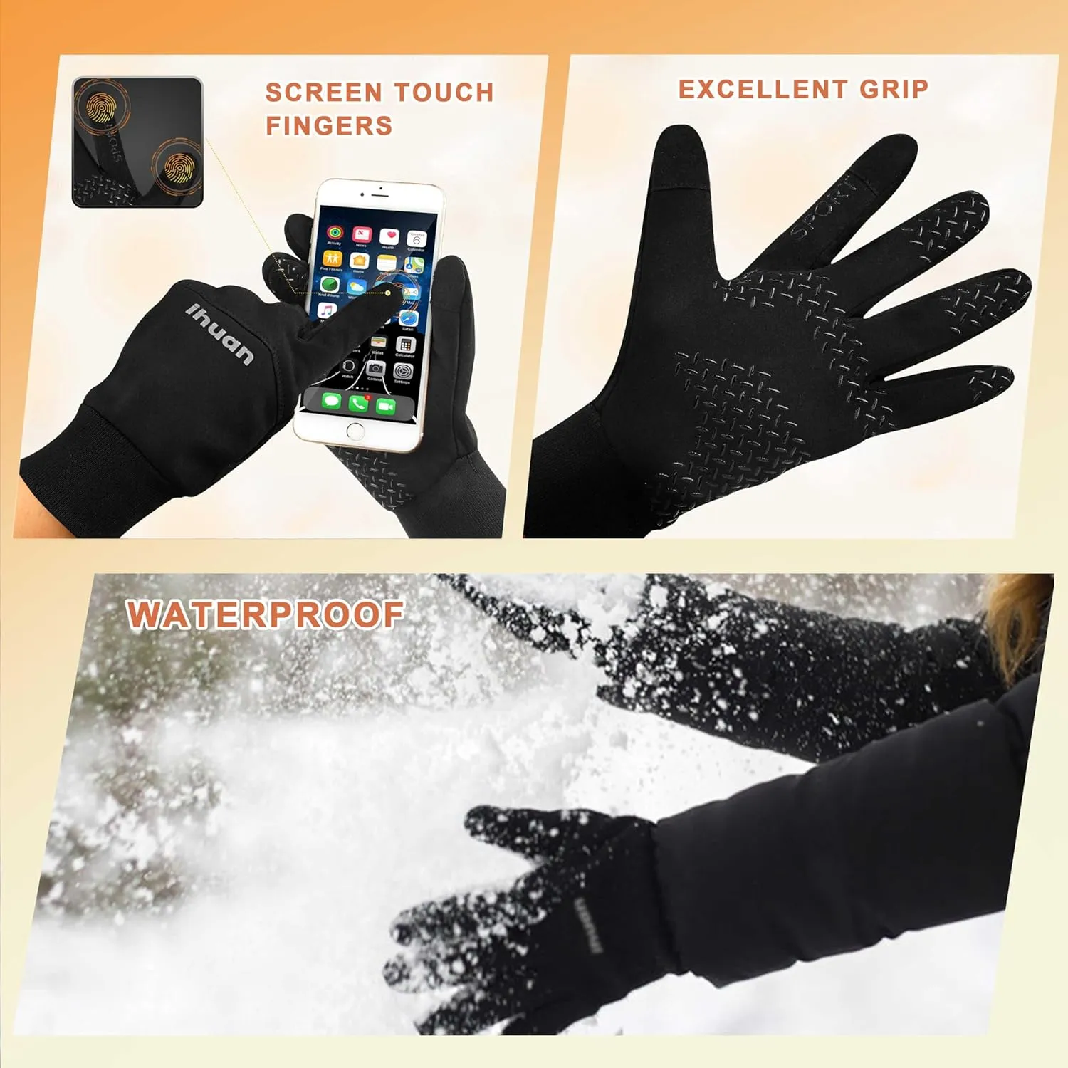 ihuan Winter Gloves for Men Women Waterproof Running Cycling for Cold Weather, Thermal Warm Windproof Material and Touch Screen Finger for Skiing Snow Driving Snowboarding