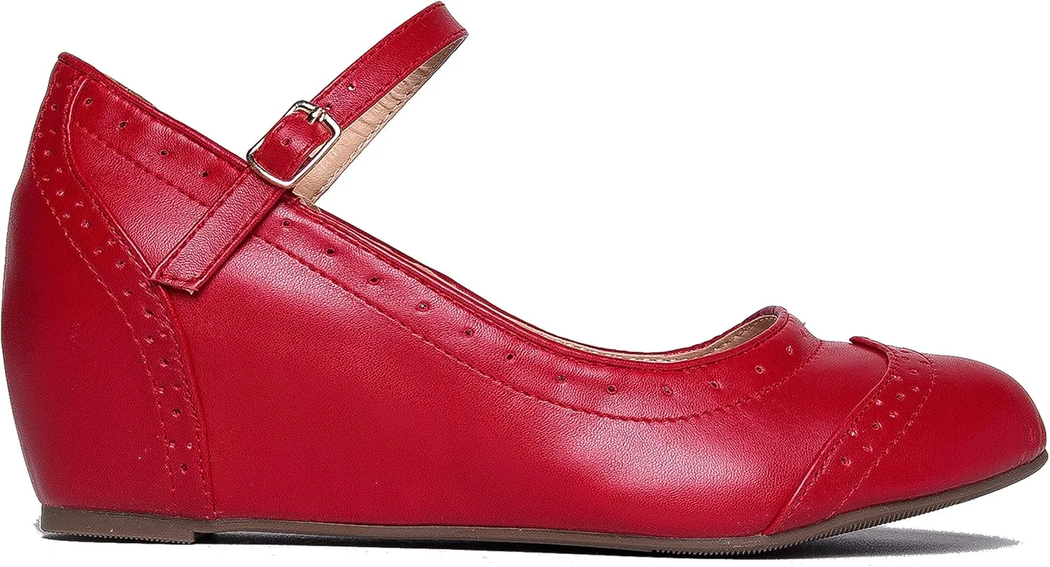 J. Adams Minnie Mary Jane - Retro Round Toe Ankle Strap Wedge - Vintage Oxford