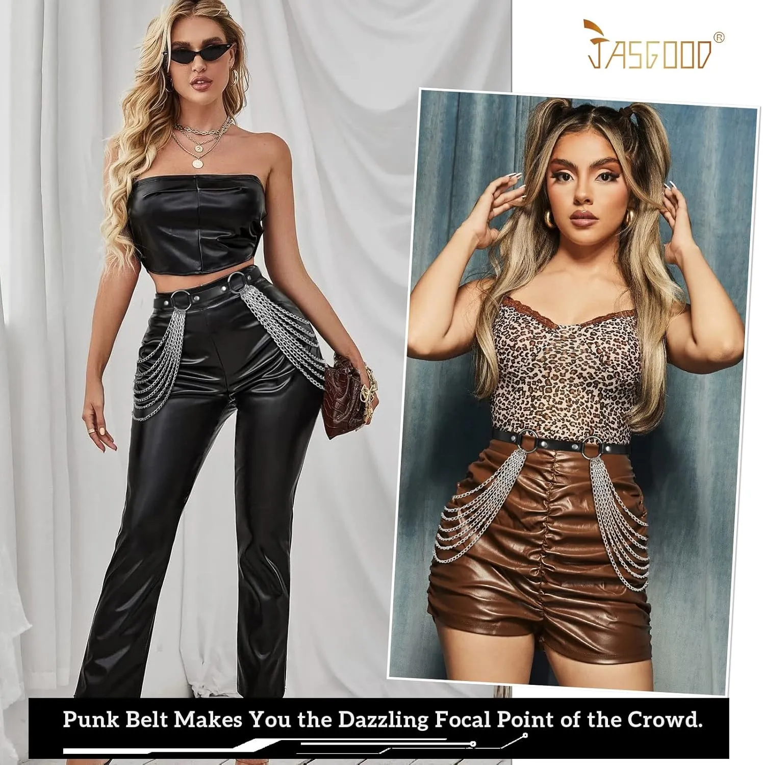 JASGOOD Punk Waist Chain Belt Black Leather Layered Belly Body Waist Chains Nightclub Rave Body Chain Belt for Women Girls