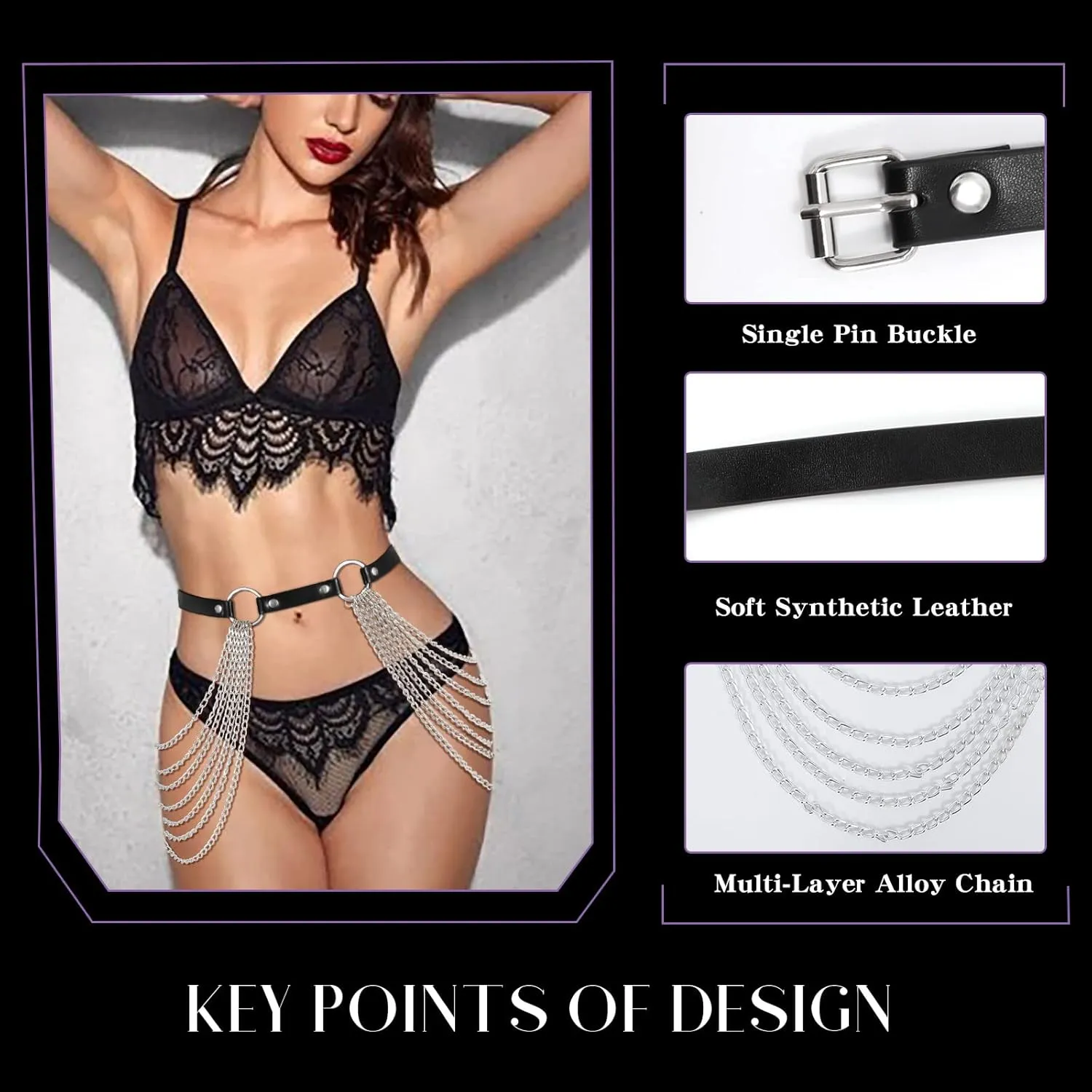 JASGOOD Punk Waist Chain Belt Black Leather Layered Belly Body Waist Chains Nightclub Rave Body Chain Belt for Women Girls