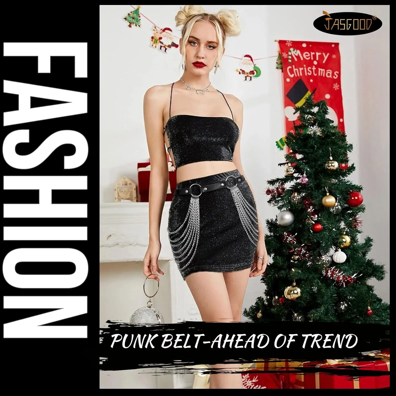 JASGOOD Punk Waist Chain Belt Black Leather Layered Belly Body Waist Chains Nightclub Rave Body Chain Belt for Women Girls