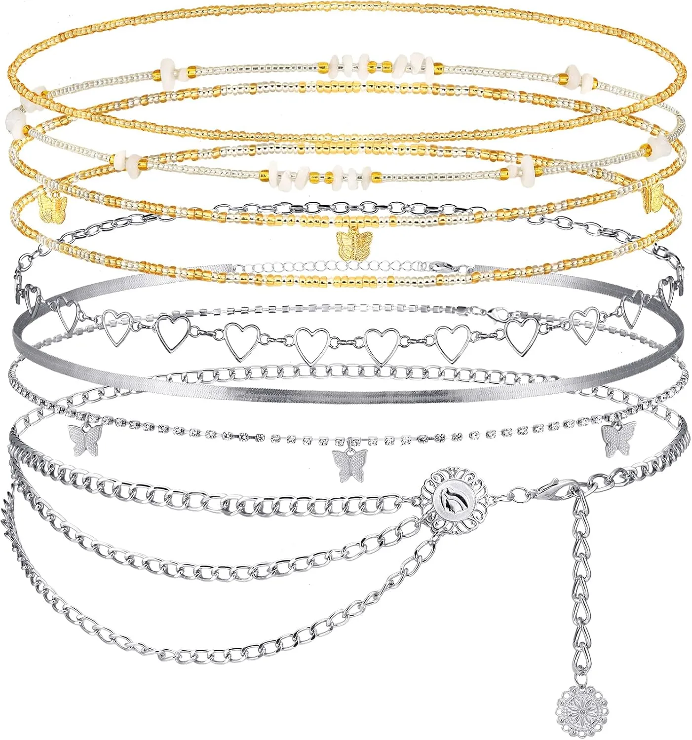 JenPen 8 Pcs Belly Chain Adjustable Waist Chain Summer Beach Bikini Boho Waist Body Beads for Women Adults Multilayer