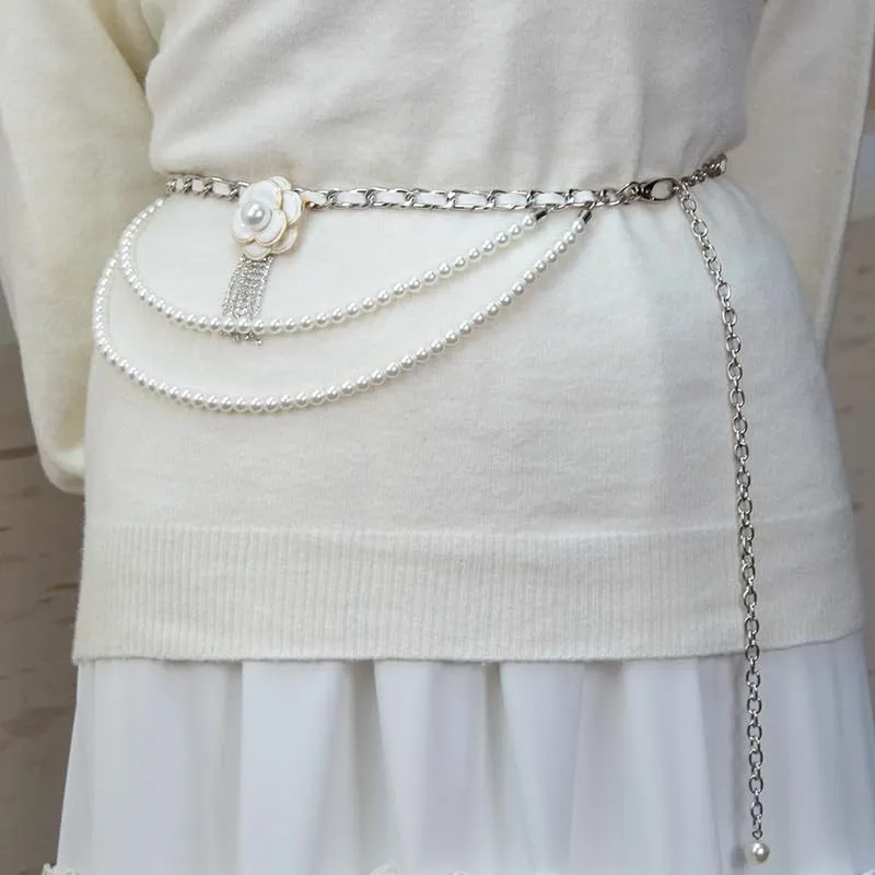 JSEIAJB Flower Women's Belt Chain Pearls Accessories Metal Chain Sweater