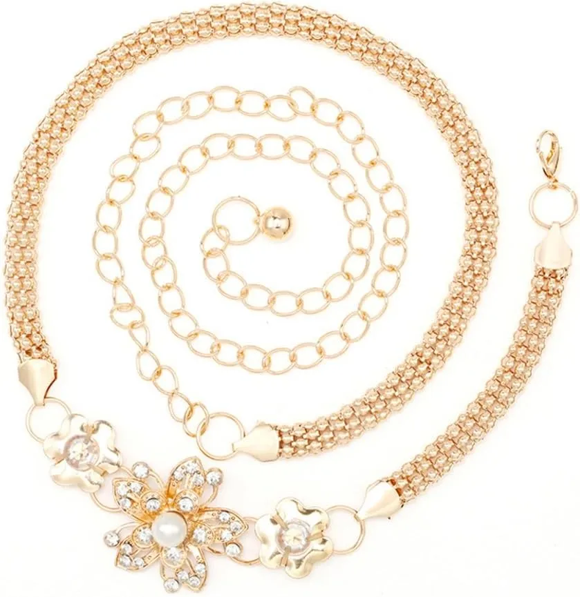 JSEIAJB Women's Water Diamond Waist Chain Women's Five Leaf Flower Pearl Women's Oil Sealing Versatile Decorative Belt(Gold-3)