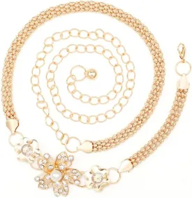 JSEIAJB Women's Water Diamond Waist Chain Women's Five Leaf Flower Pearl Women's Oil Sealing Versatile Decorative Belt(Gold-3)