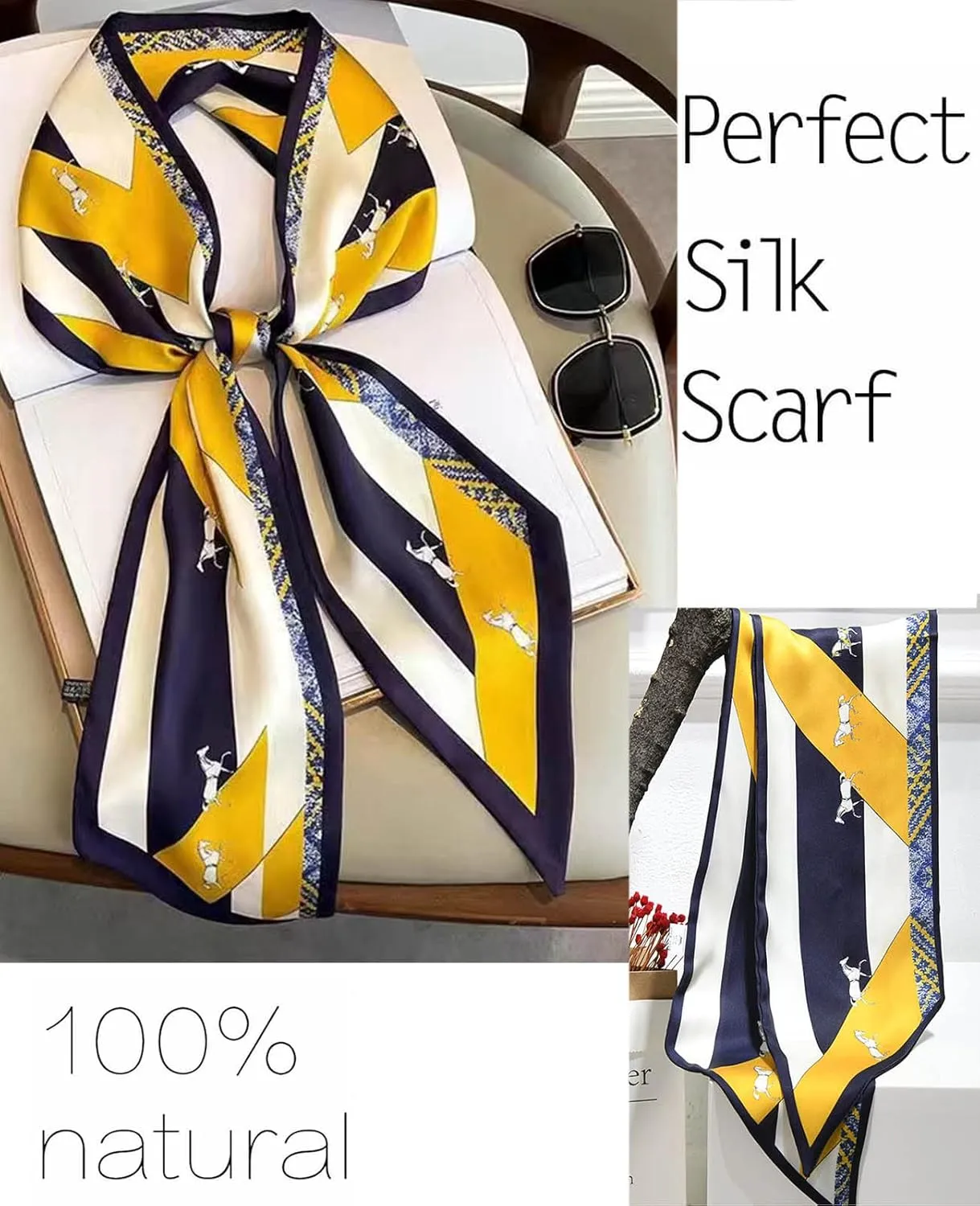 kcctoo 59" Mulberry Silk Like Head Scarf Women's Fashion Square Neck Satin Scarfs for Bag Hair Scarves Gift 59 * 5.9