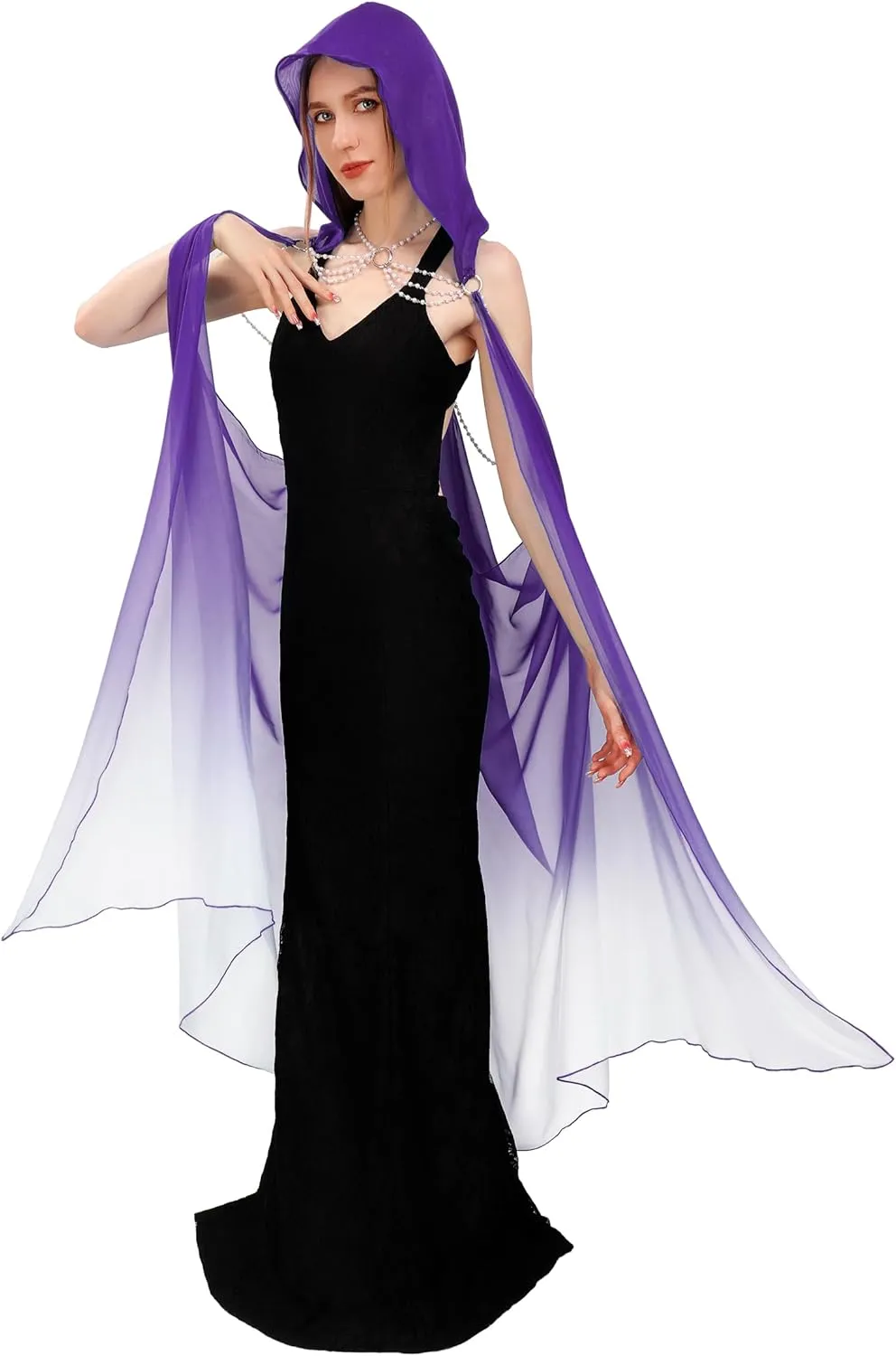 KUOIN Hooded Cape for Women Full Length Tulle Gothic Bridal Fairy Cloak Off Shoudler Capelet 112CM