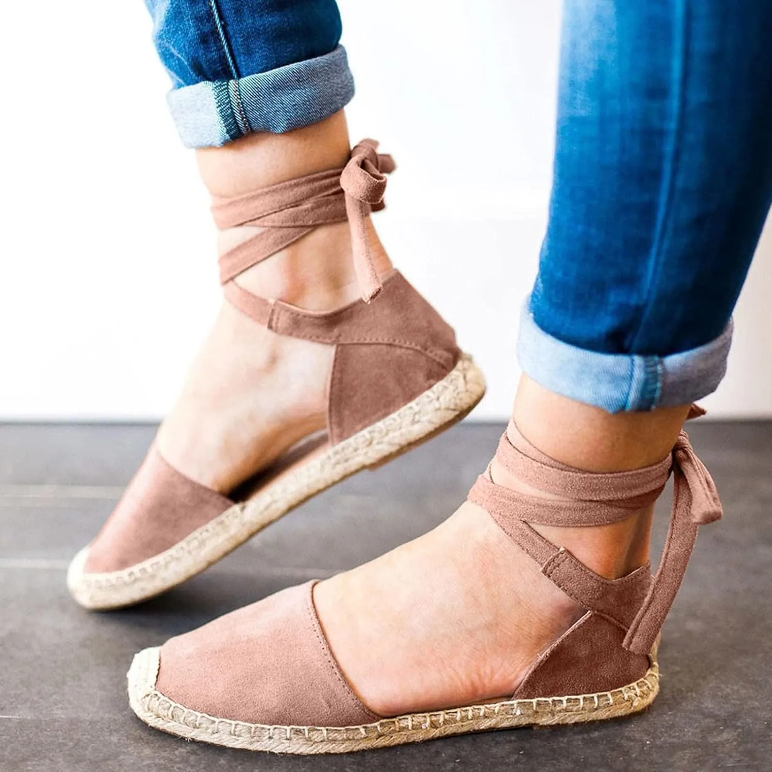 Ladies Flat Sandals Linen Vintage Cover Heel Espadrille Straw Solid Closed Toe Covered Beach Flat Toe Ankle Wrap,Classic Lace Up Summer Falt Strap Retro Black Dressy Shoes