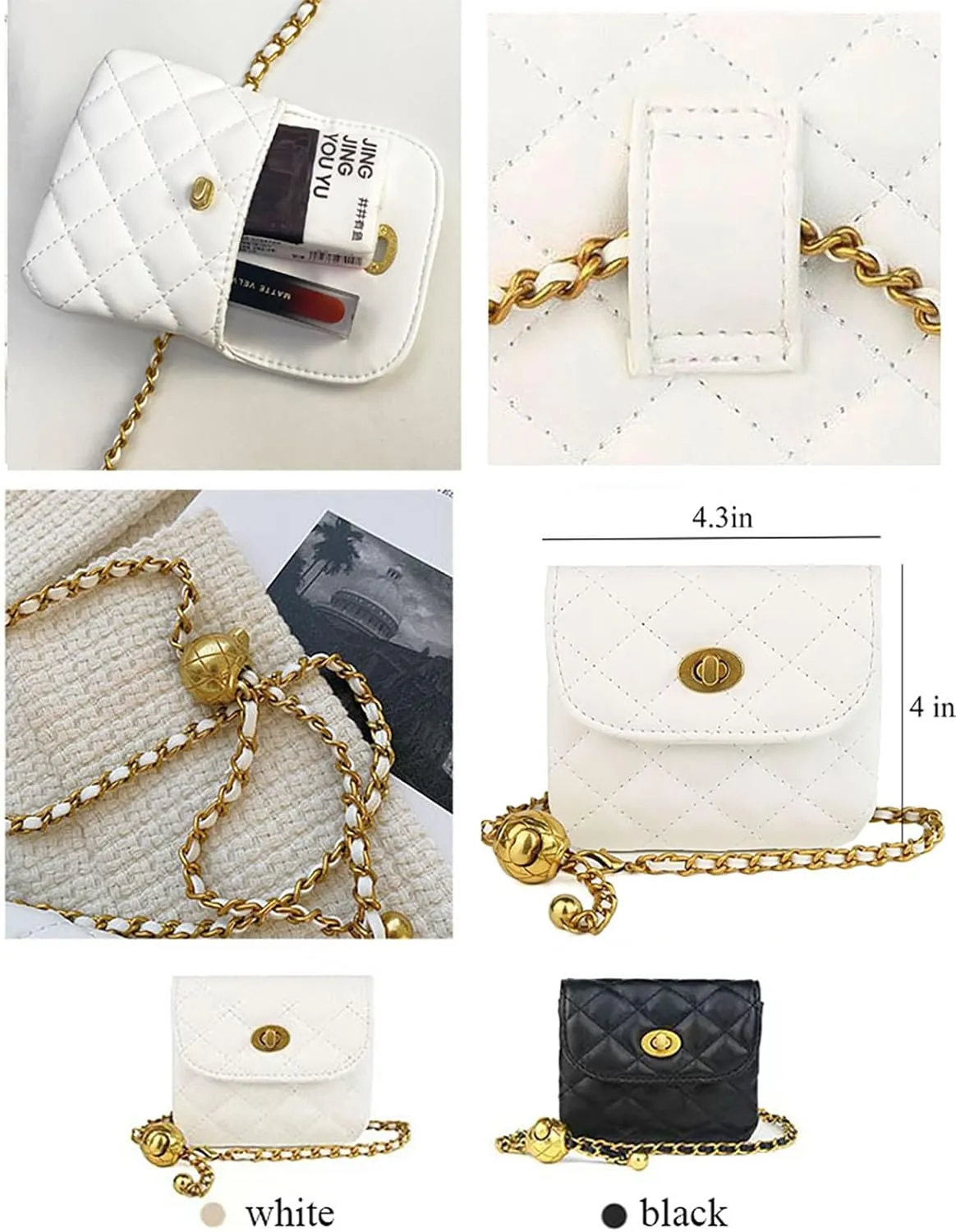 Leather Chain Belt Bag for Women Mini White Crossbody Waist Purse Fanny Pack Fashion Evening Clutch Detachable