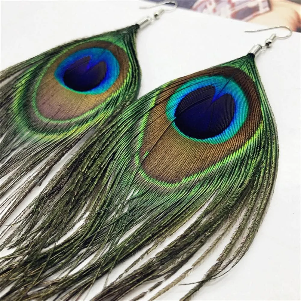 Long Feather Earrings Multicolor Tassel Feather Earrings Handmade Boho Bohemian Peacock Feather Hook Earrings for Women Jewelry