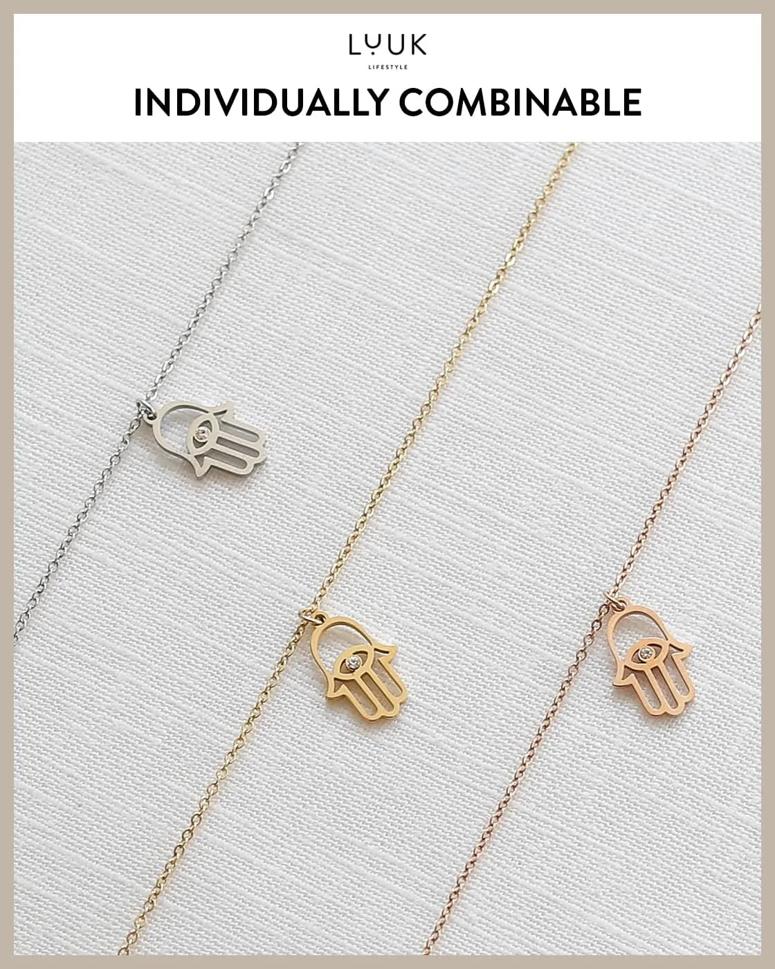 LUUK LIFESTYLE Stainless steel necklaces for women with pendant, trendy jewelry card with Happiness saying, lucky charm, friendship gift, women's jewellery, trendy gift idea for her, silver, gold and rose