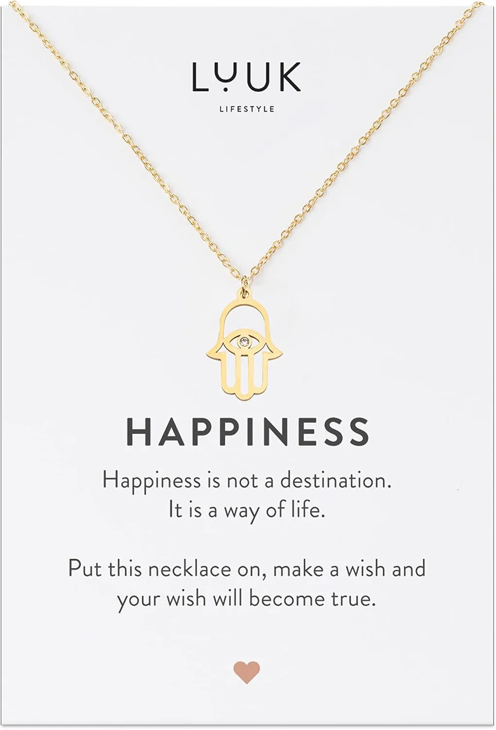 LUUK LIFESTYLE Stainless steel necklaces for women with pendant, trendy jewelry card with Happiness saying, lucky charm, friendship gift, women's jewellery, trendy gift idea for her, silver, gold and rose
