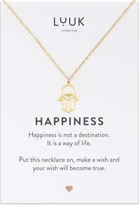 LUUK LIFESTYLE Stainless steel necklaces for women with pendant, trendy jewelry card with Happiness saying, lucky charm, friendship gift, women's jewellery, trendy gift idea for her, silver, gold and rose