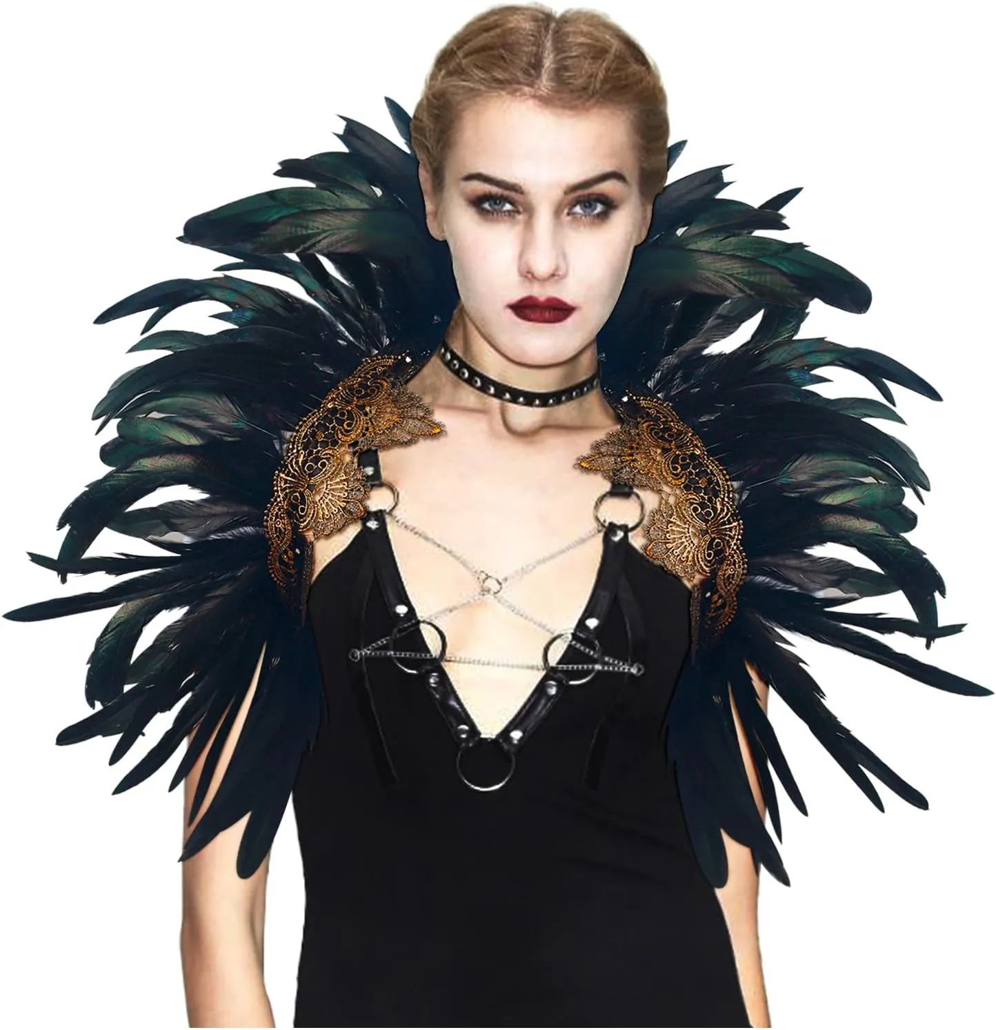 L'VOW Victorian Natural Feather Poncho Capelet Shrug Wrap Lace Collar Shoulder Halloween Witch Shawl Costumes