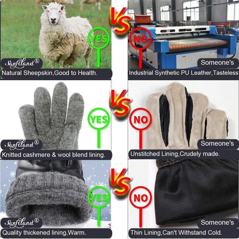 Men's Leather Gloves, Black Driving/Working Touchscreen Lambskin Cashmere Winter Mittens