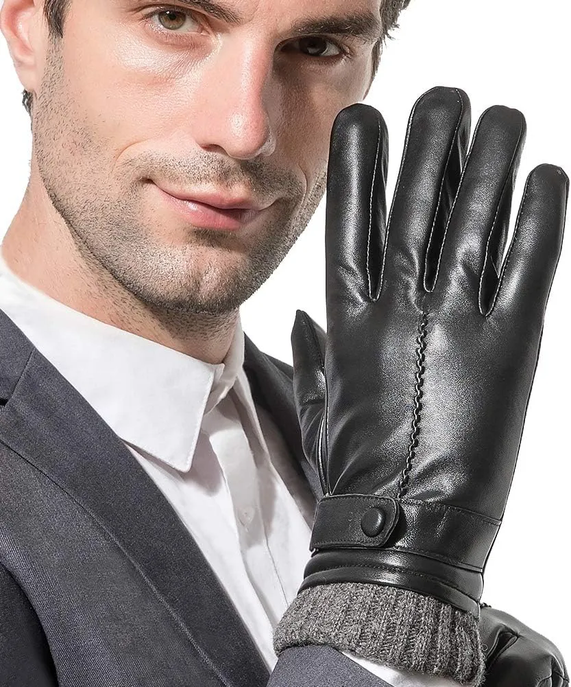 Men's Leather Gloves, Black Driving/Working Touchscreen Lambskin Cashmere Winter Mittens