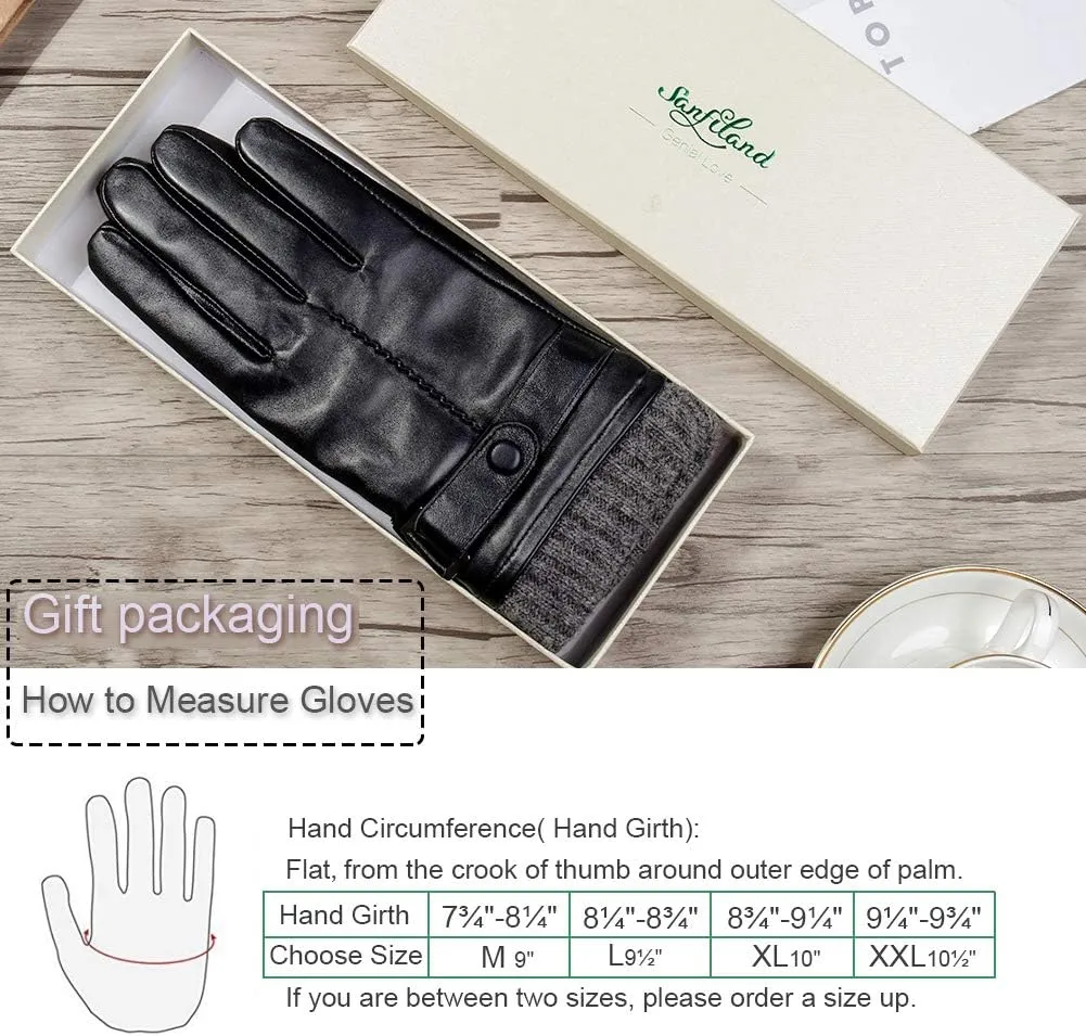 Men's Leather Gloves, Black Driving/Working Touchscreen Lambskin Cashmere Winter Mittens