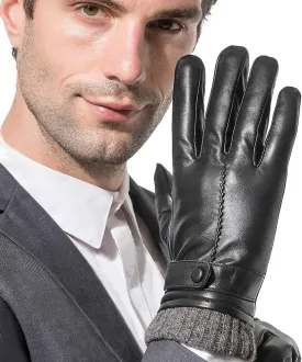 Men's Leather Gloves, Black Driving/Working Touchscreen Lambskin Cashmere Winter Mittens
