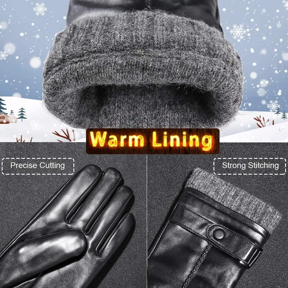Men's Leather Gloves, Black Driving/Working Touchscreen Lambskin Cashmere Winter Mittens