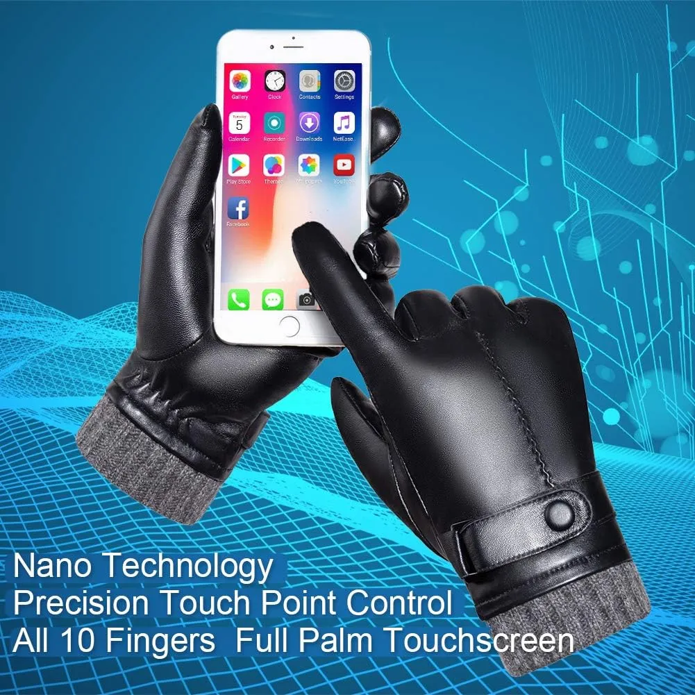 Men's Leather Gloves, Black Driving/Working Touchscreen Lambskin Cashmere Winter Mittens