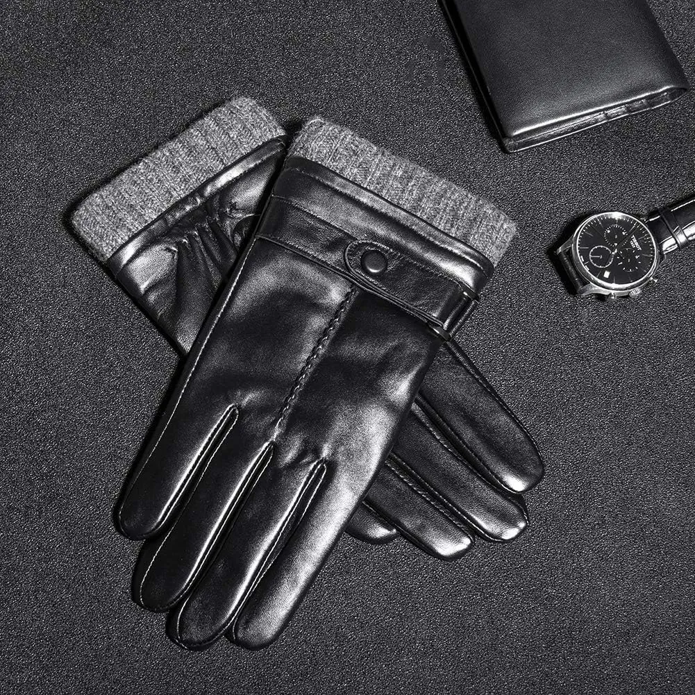 Men's Leather Gloves, Black Driving/Working Touchscreen Lambskin Cashmere Winter Mittens