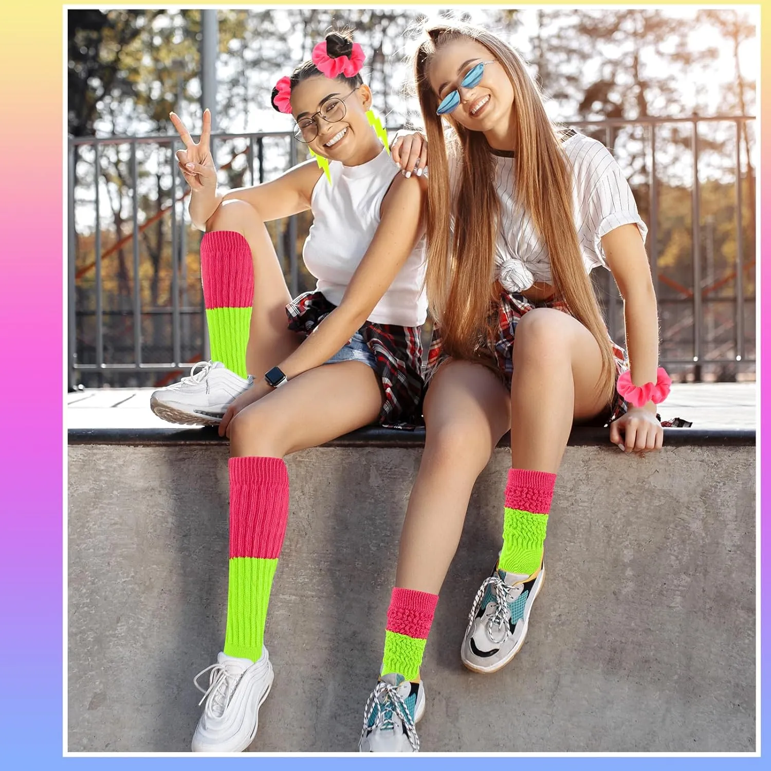 Neon Slouch Socks for Women, 80s 90s Scrunch Knee High Socks with Neon Earrings and Scrunchies for 80s 90s Party