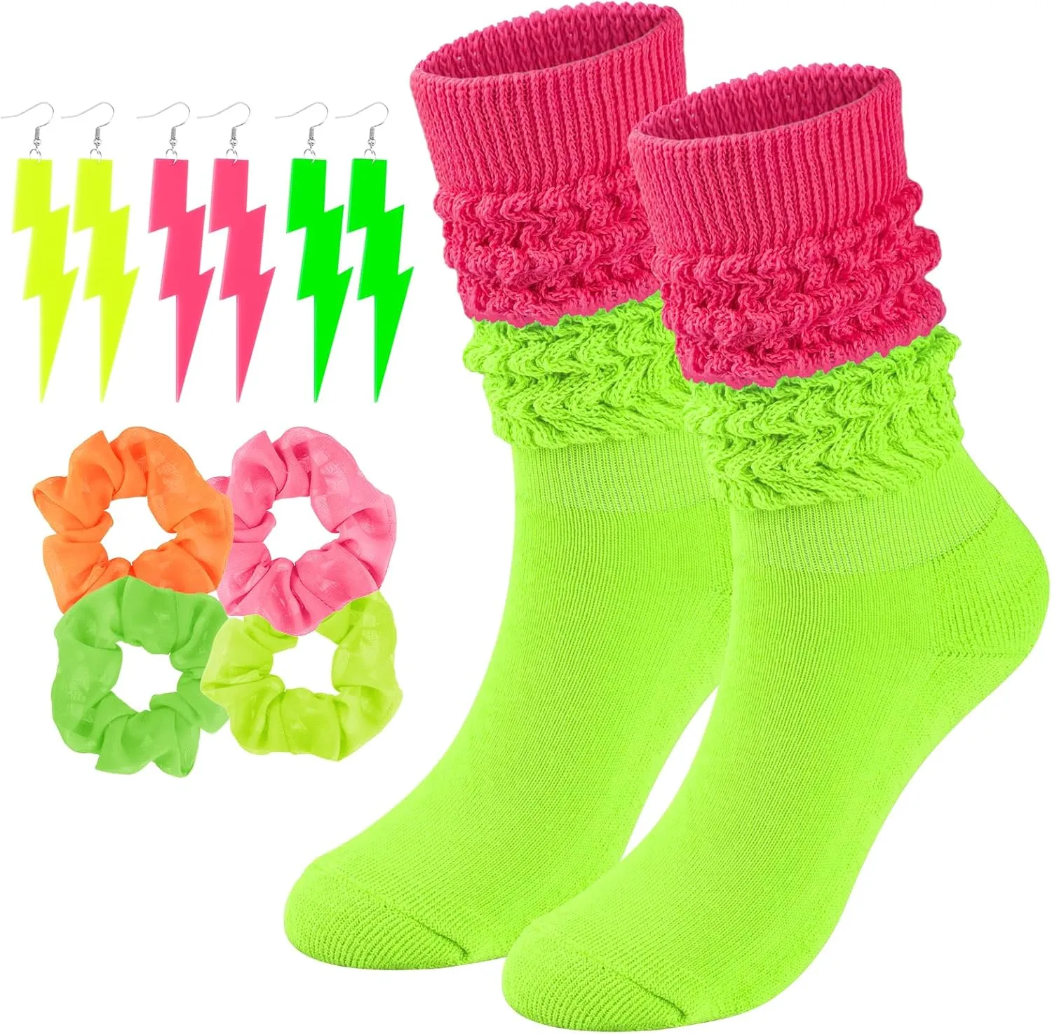 Neon Slouch Socks for Women, 80s 90s Scrunch Knee High Socks with Neon Earrings and Scrunchies for 80s 90s Party