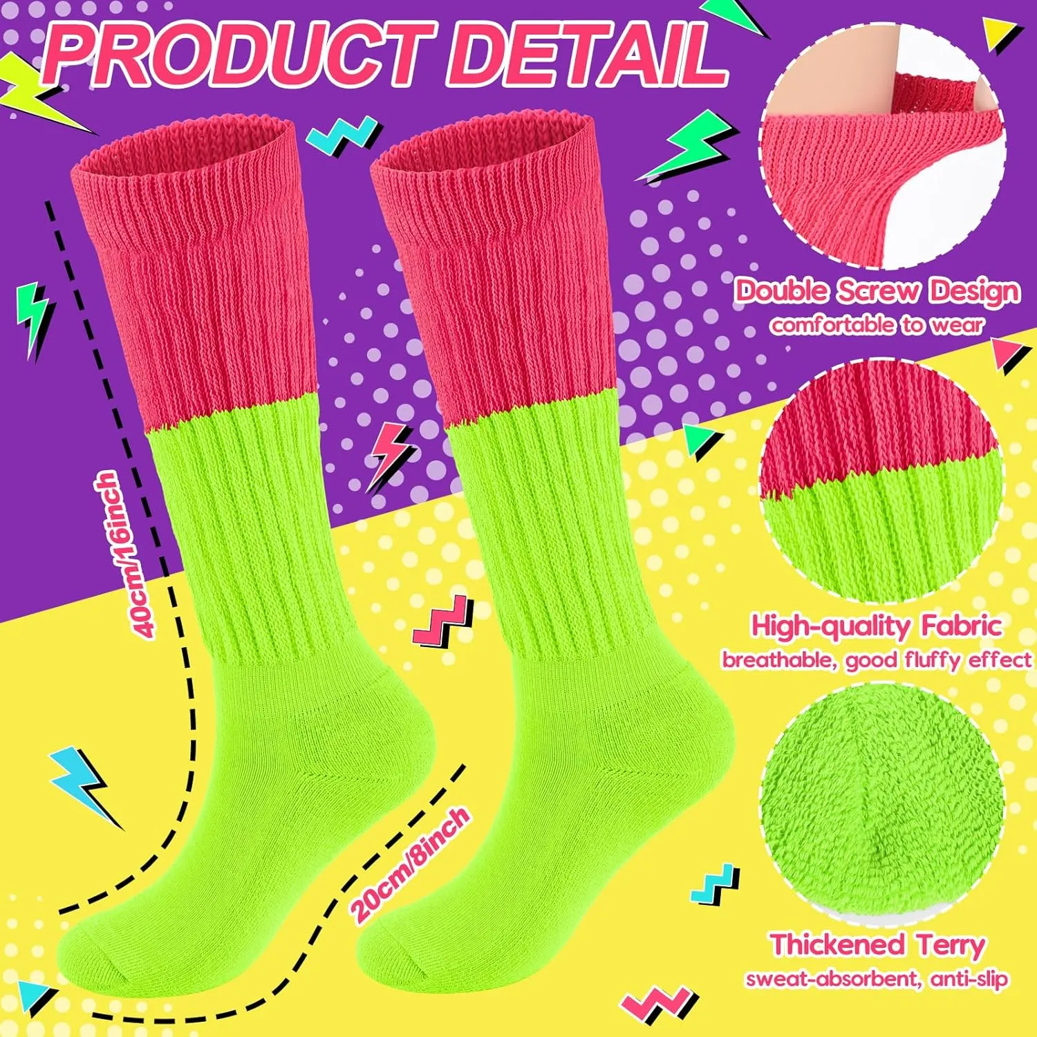 Neon Slouch Socks for Women, 80s 90s Scrunch Knee High Socks with Neon Earrings and Scrunchies for 80s 90s Party