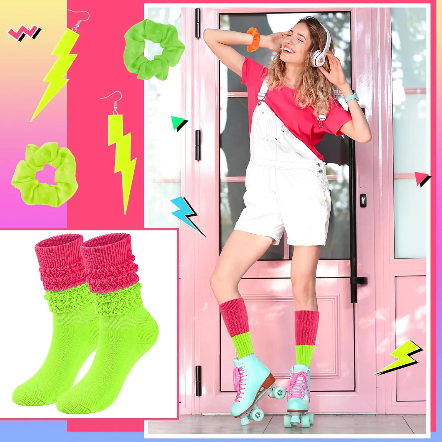 Neon Slouch Socks for Women, 80s 90s Scrunch Knee High Socks with Neon Earrings and Scrunchies for 80s 90s Party