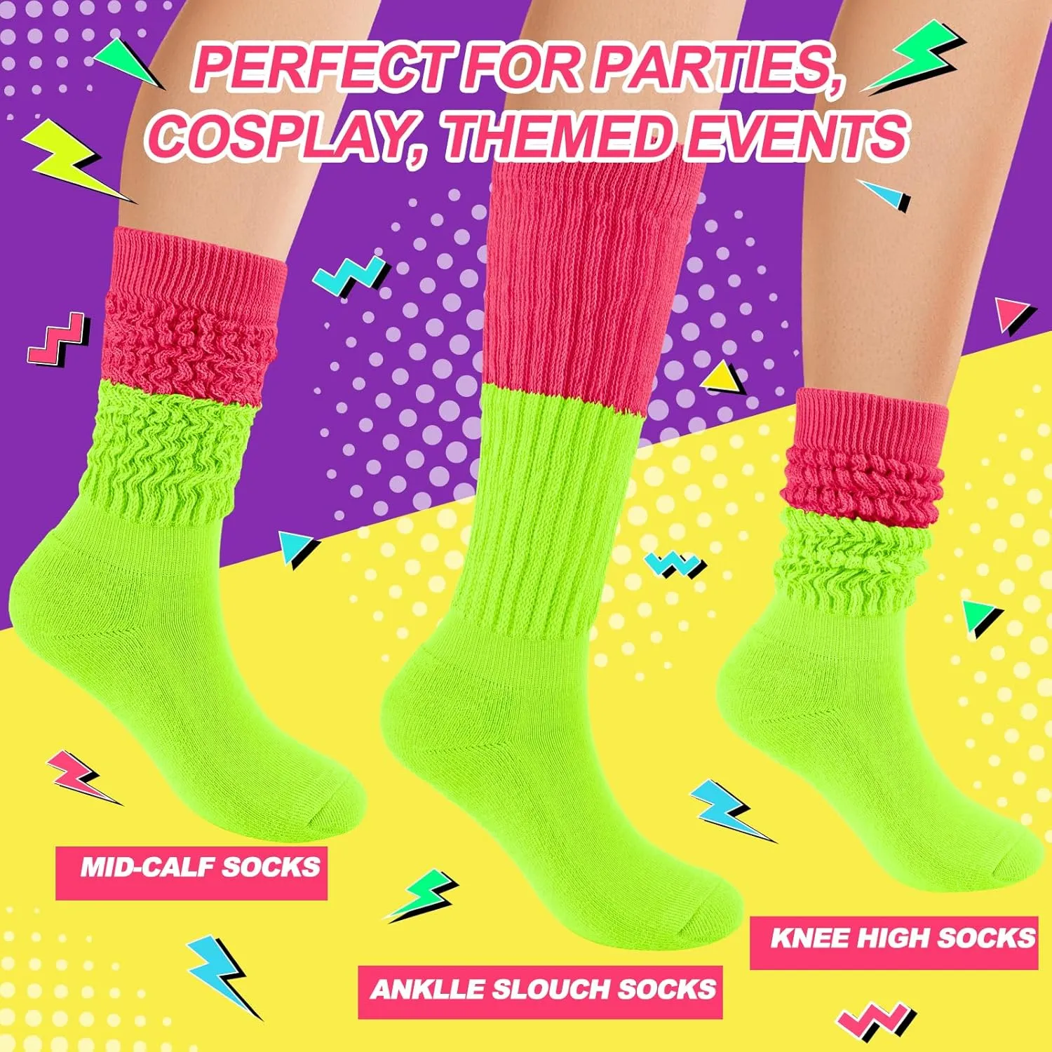 Neon Slouch Socks for Women, 80s 90s Scrunch Knee High Socks with Neon Earrings and Scrunchies for 80s 90s Party