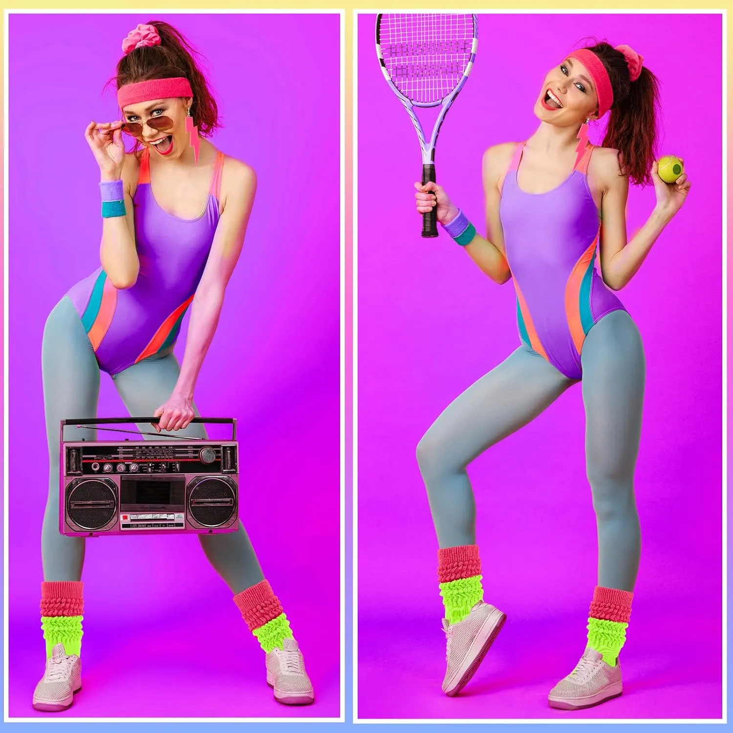 Neon Slouch Socks for Women, 80s 90s Scrunch Knee High Socks with Neon Earrings and Scrunchies for 80s 90s Party