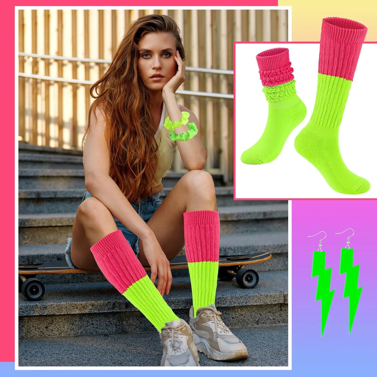 Neon Slouch Socks for Women, 80s 90s Scrunch Knee High Socks with Neon Earrings and Scrunchies for 80s 90s Party
