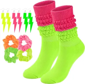 Neon Slouch Socks for Women, 80s 90s Scrunch Knee High Socks with Neon Earrings and Scrunchies for 80s 90s Party
