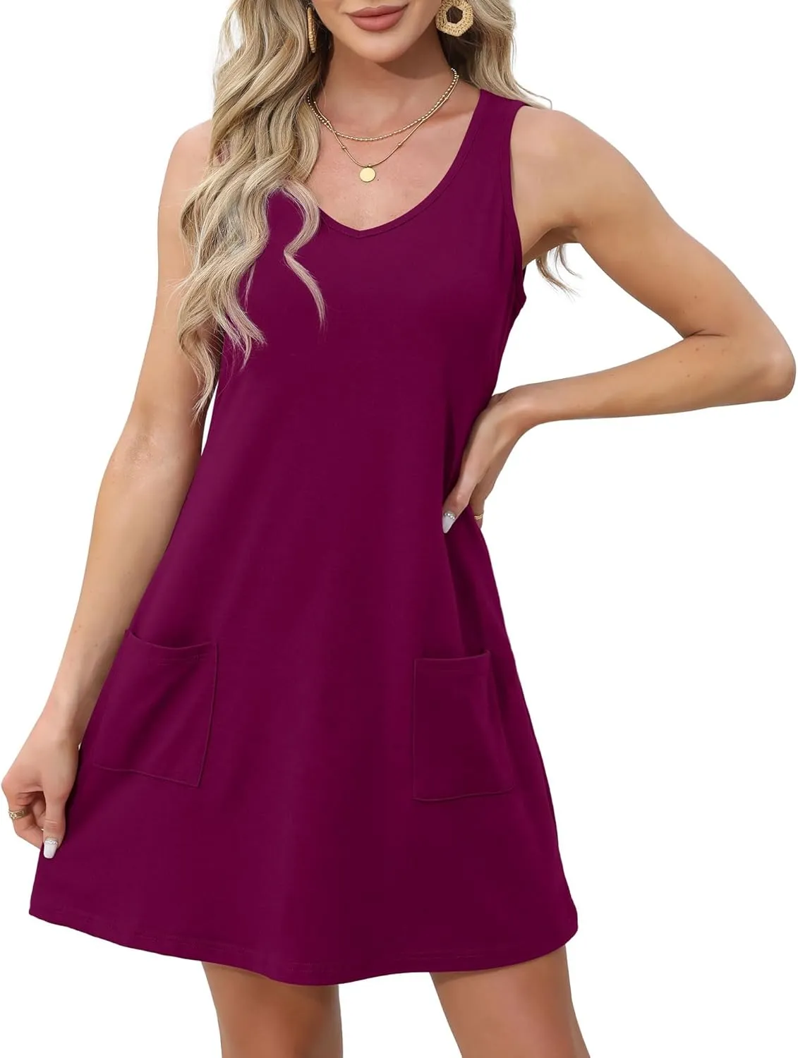 OFEEFAN Womens Summer Dresses 2025 V Neck Sleeveless Sundresses with Pockets Beach Vacation Clothes Floral/Plain
