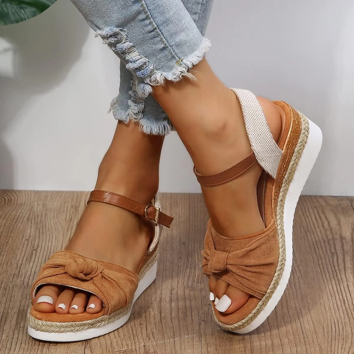 Orthopedic Platform Wedge Sandals for Women Summer Dressy Breathable Open Toe Strappy Ankle Strap Metal Buckle Slip On Sandals Beach Boho Sandal Comfortable Outdoor Shoes