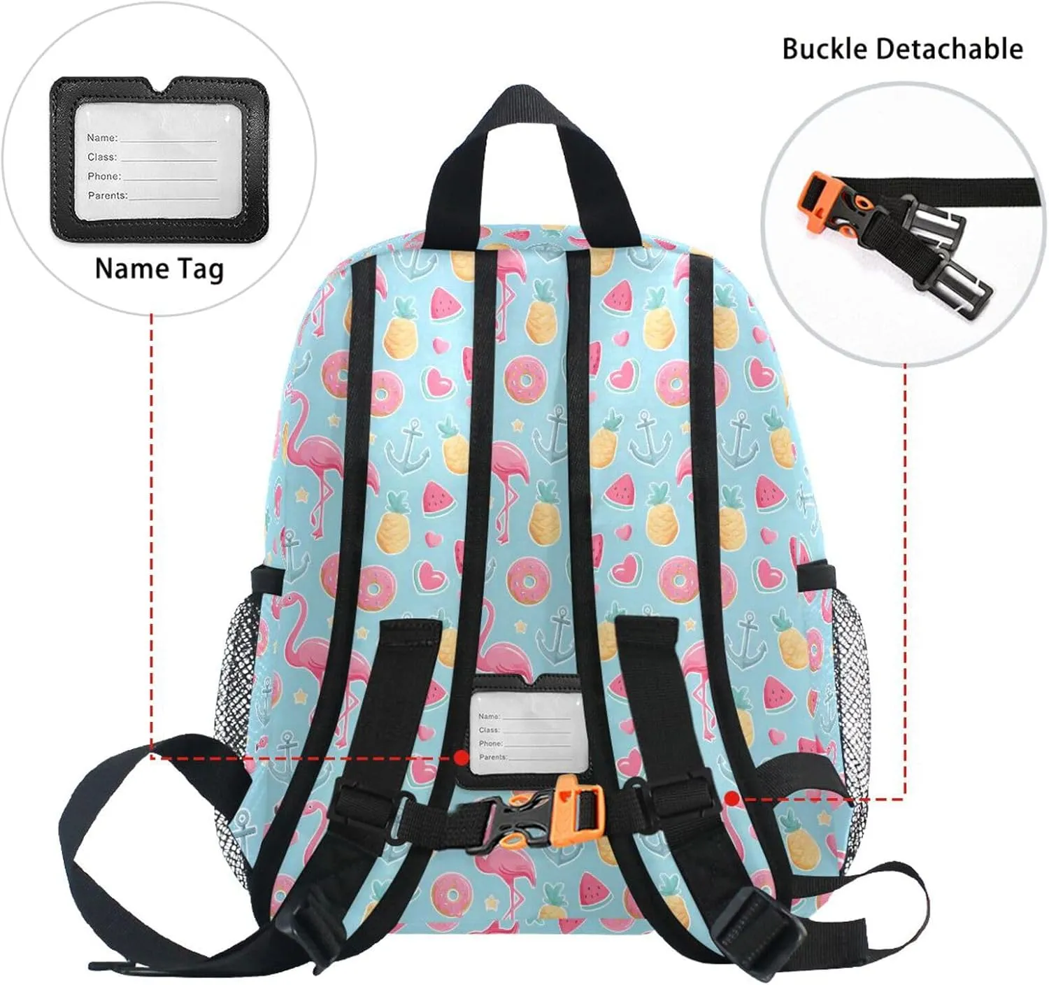 panksolu Flamingo Doughnut Pineapple Watermelon Toddler Backpack for Boys Girls,Kid Backpack with Chest Clip and Name Tag, S